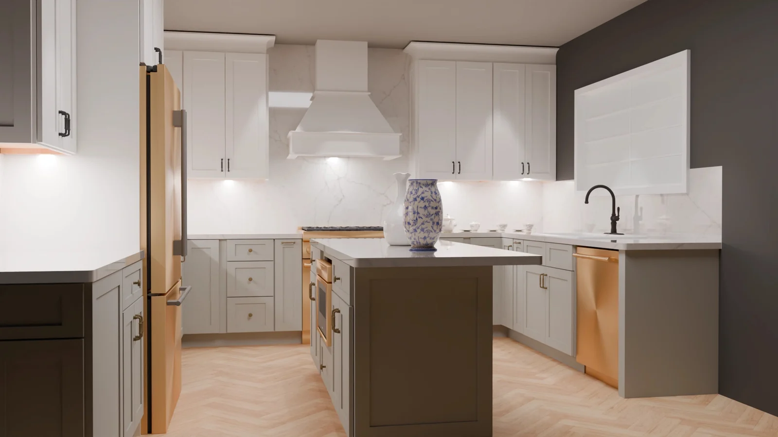 A finished Studio render of the same kitchen