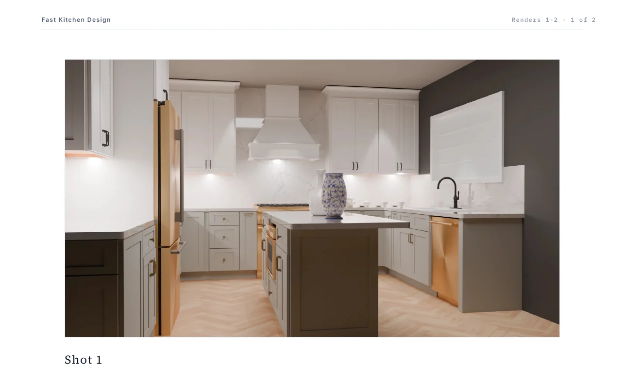A page of a RenderFactor PDF: the practice's name at the top, a full-width kitchen render beneath