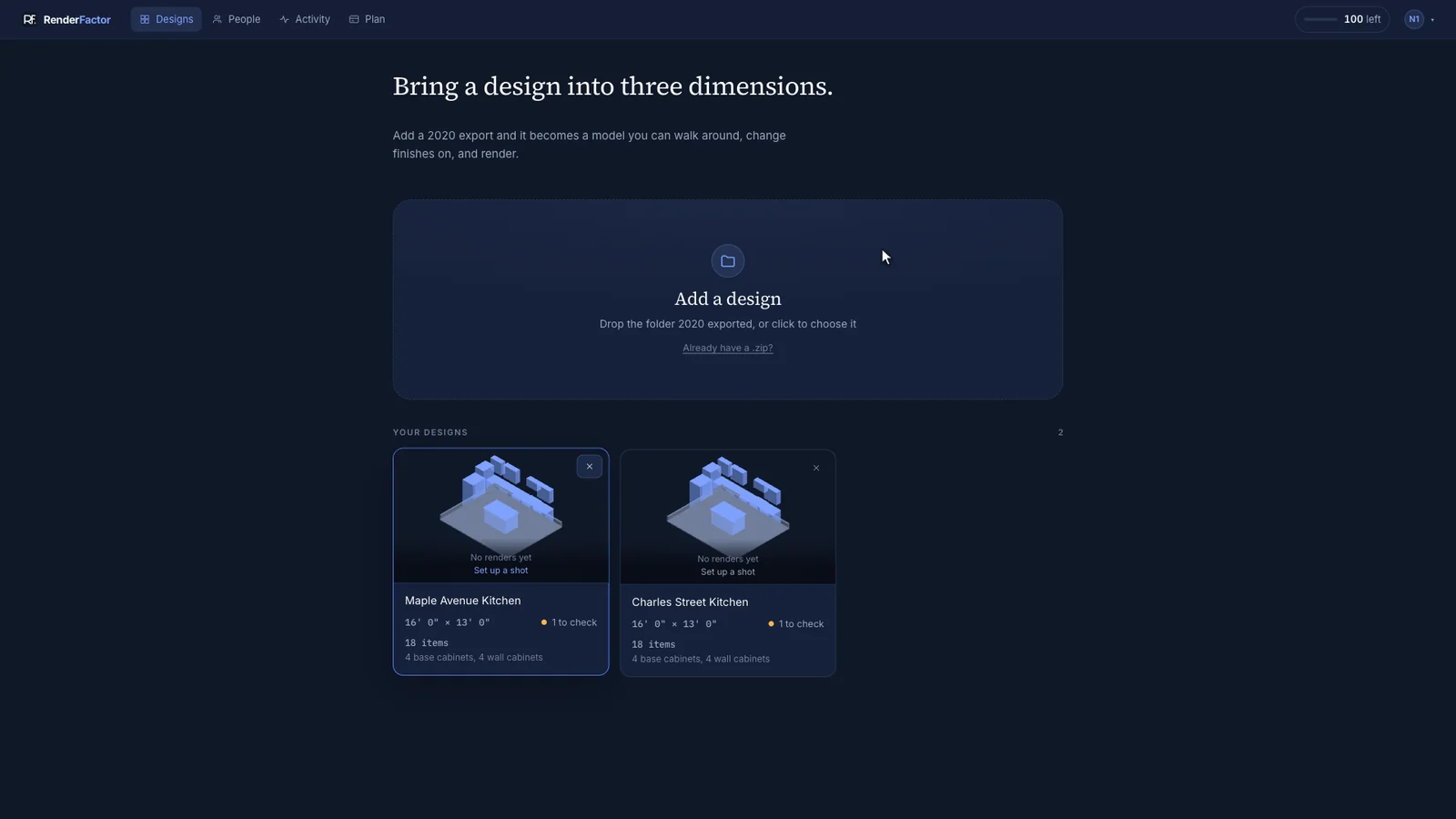 The Designs screen in RenderFactor, with a drop zone for the folder 2020 exported