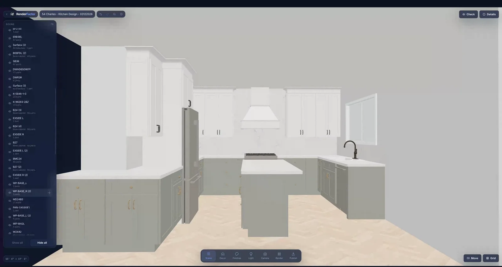 A 2020 Design Flex kitchen open in RenderFactor's scene panel