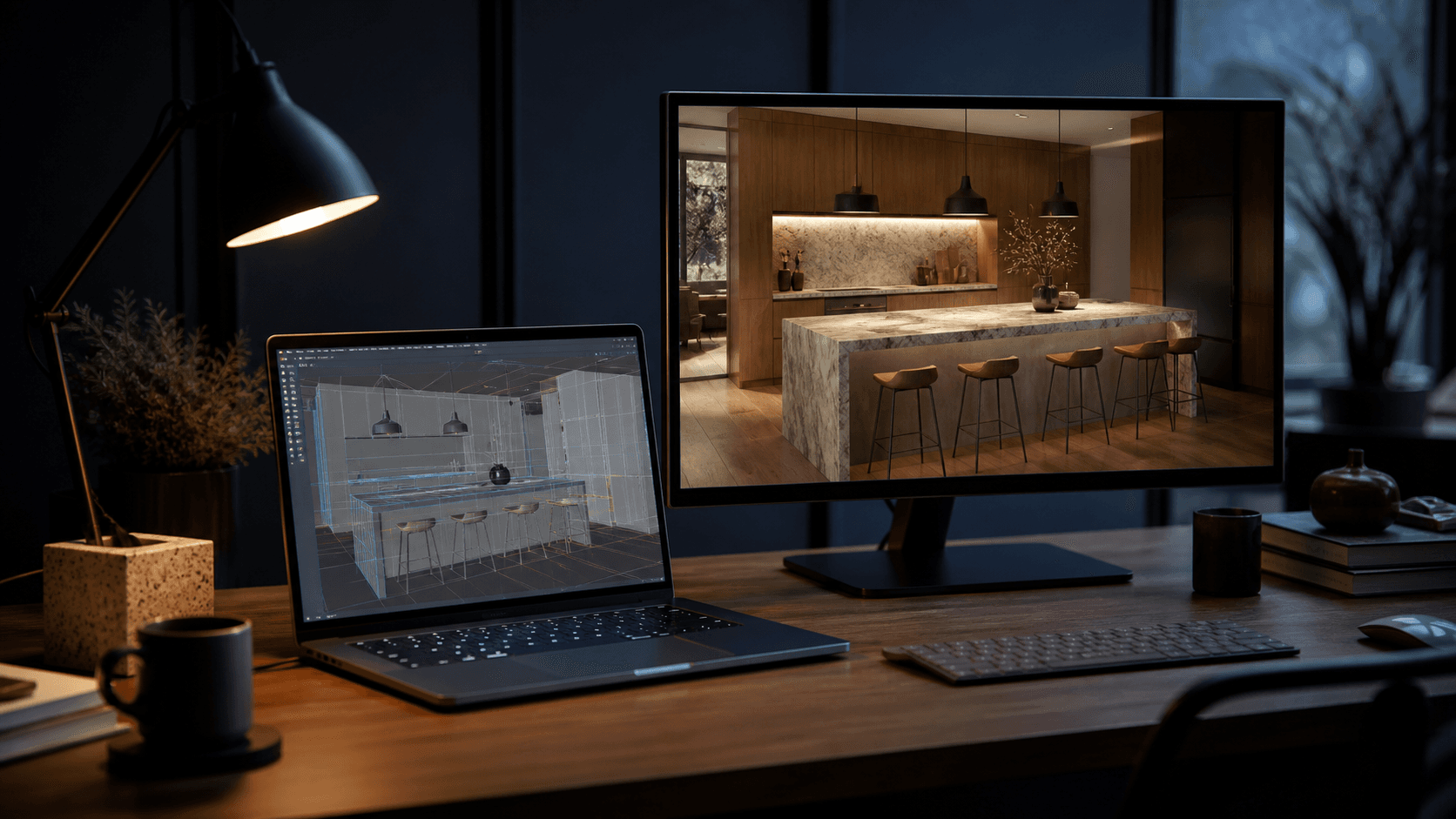Design workstation and finished kitchen render.