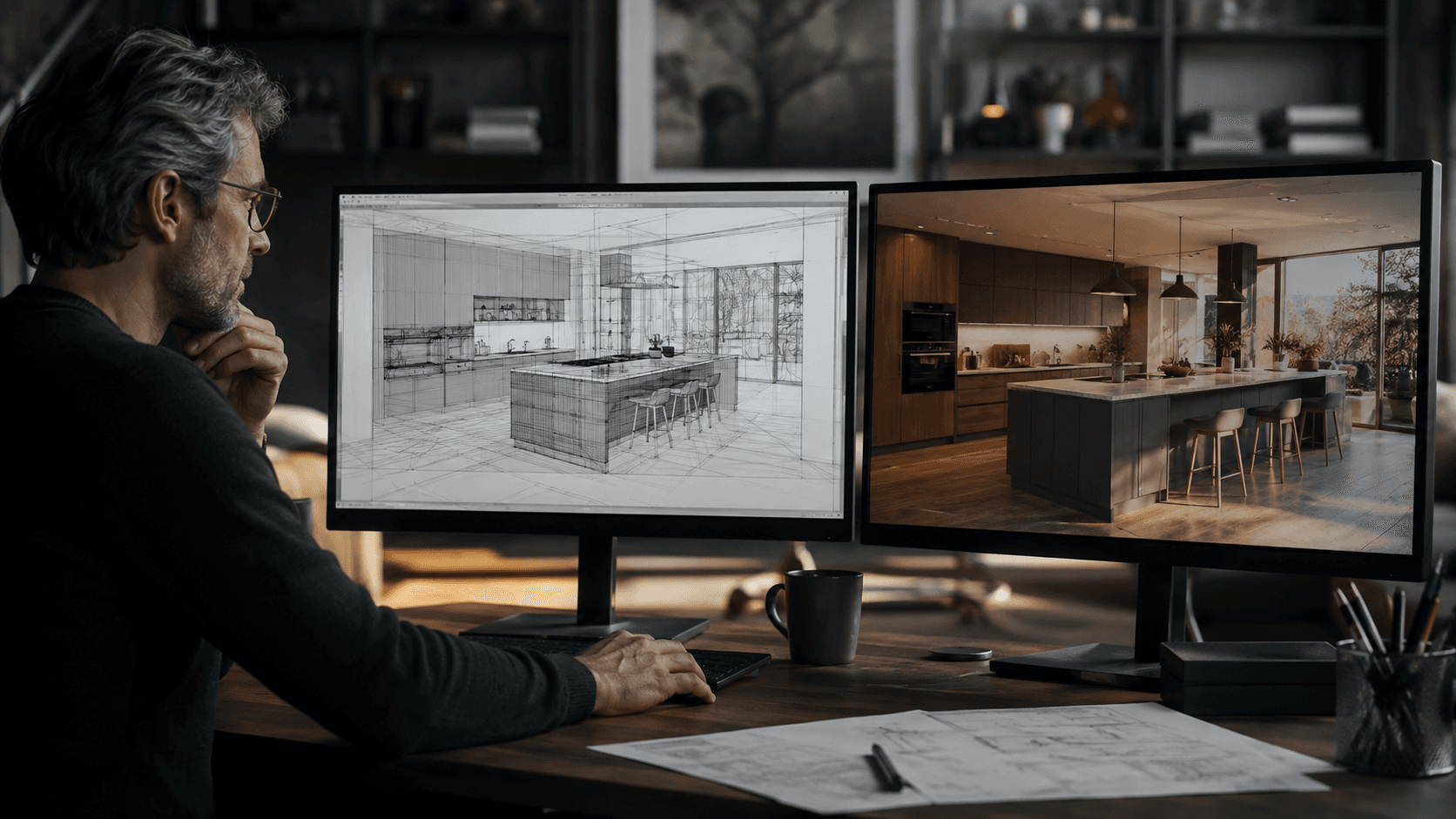 Interior-design workflow with model and finished render.