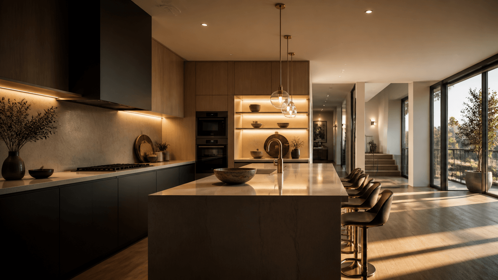 Layered lighting in a contemporary kitchen render.