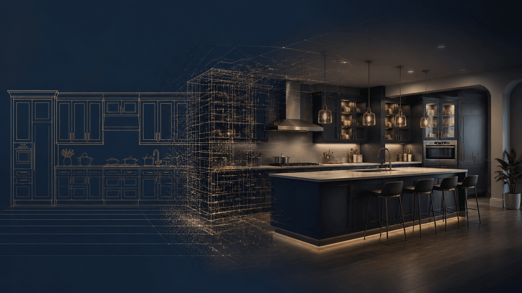 Flat panorama becoming an explorable three-dimensional kitchen.