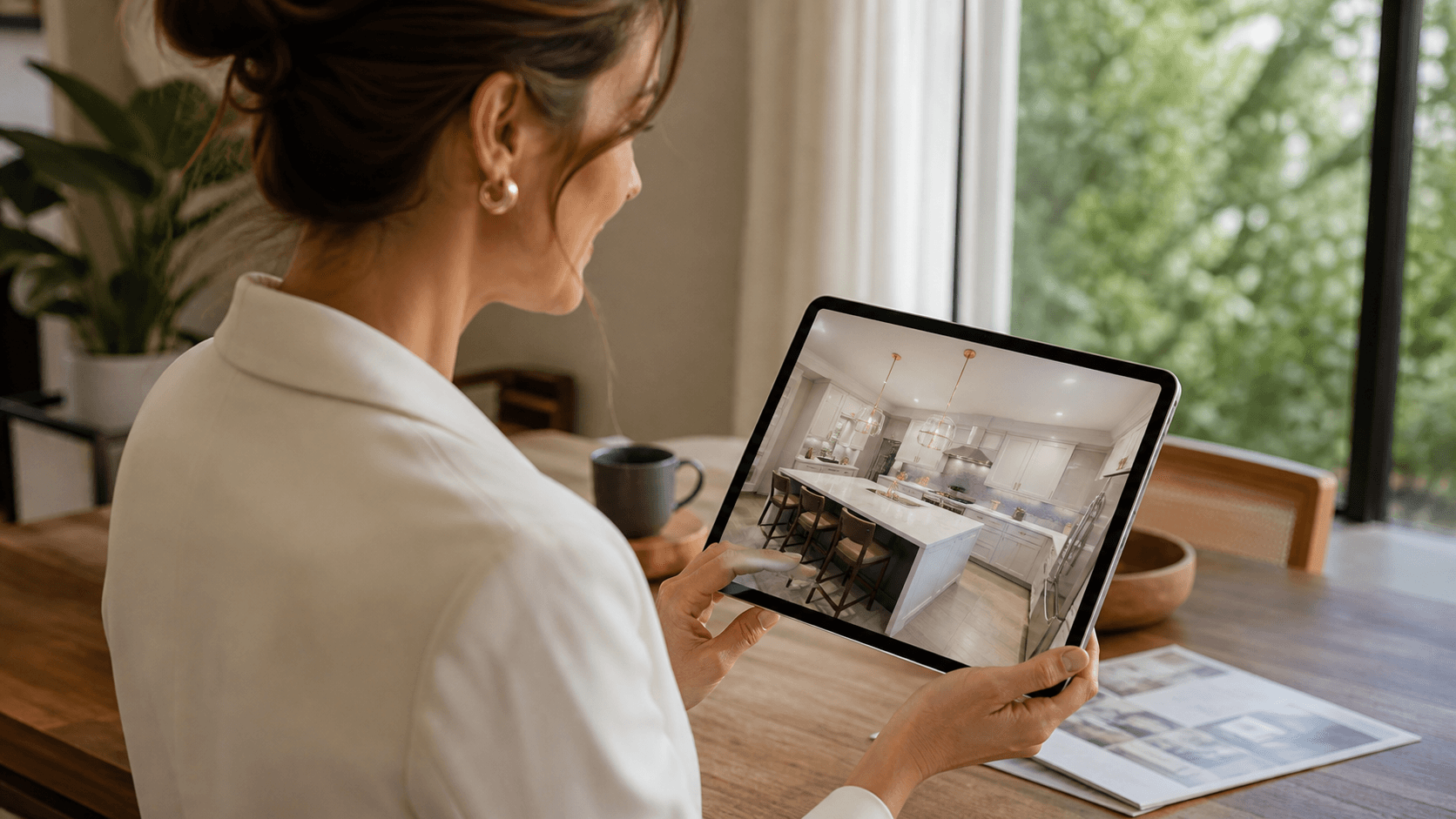 Client exploring a kitchen model on a tablet.