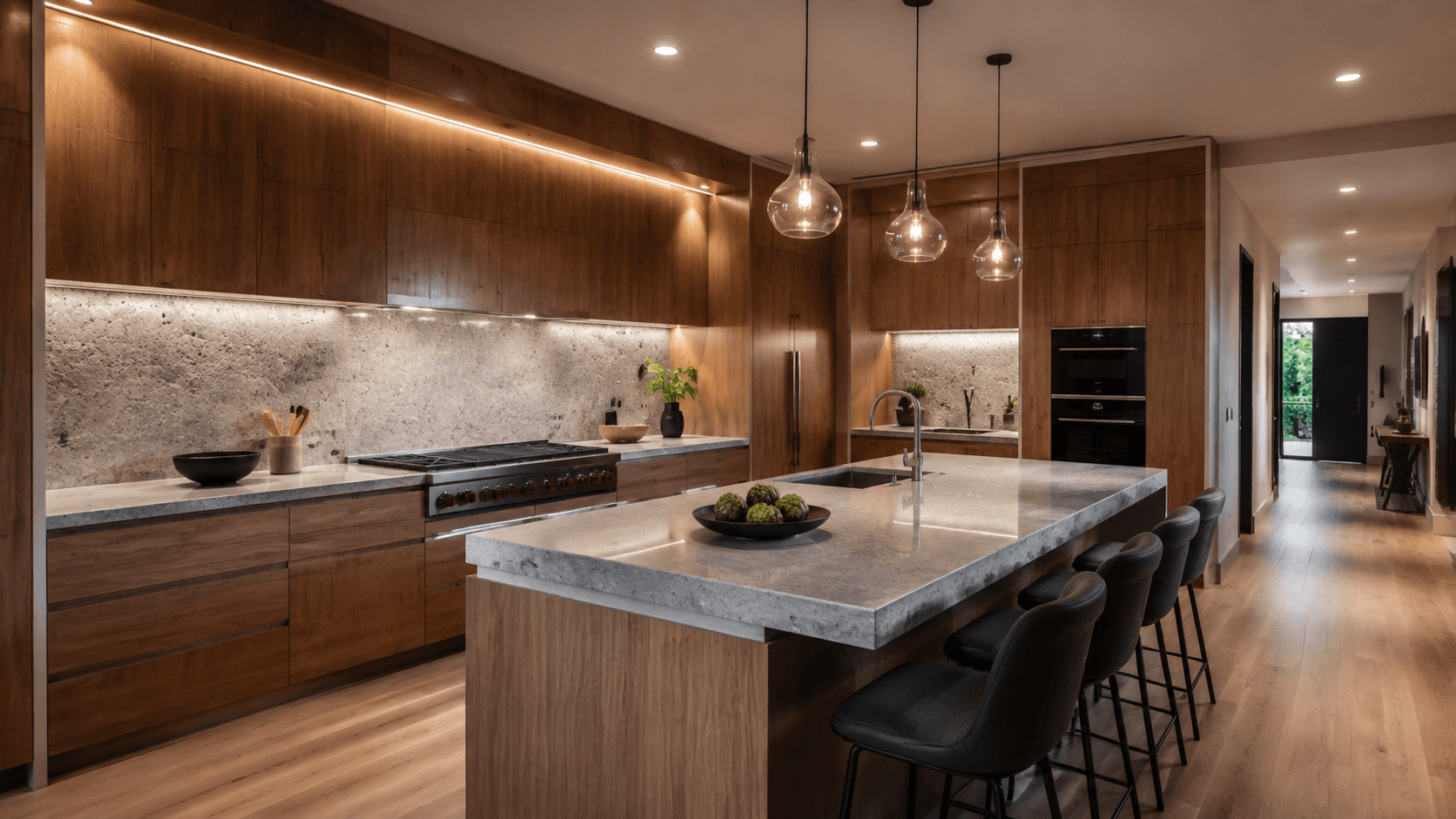 Carefully composed and layered-lit kitchen.