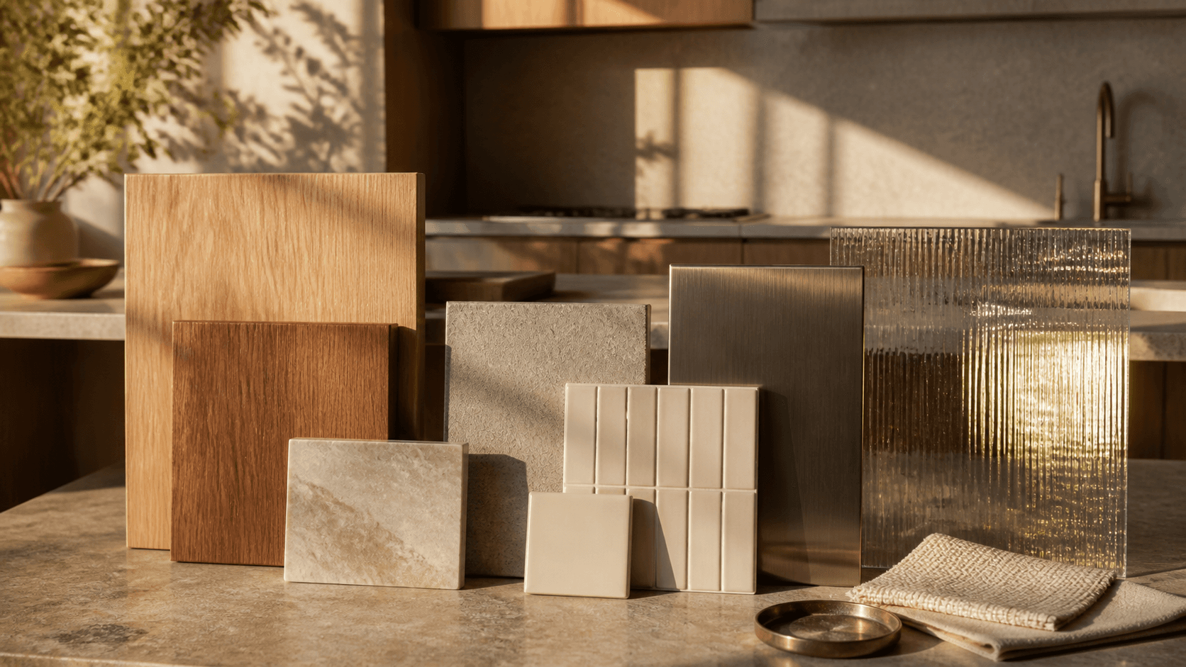 Interior material palette in warm light.