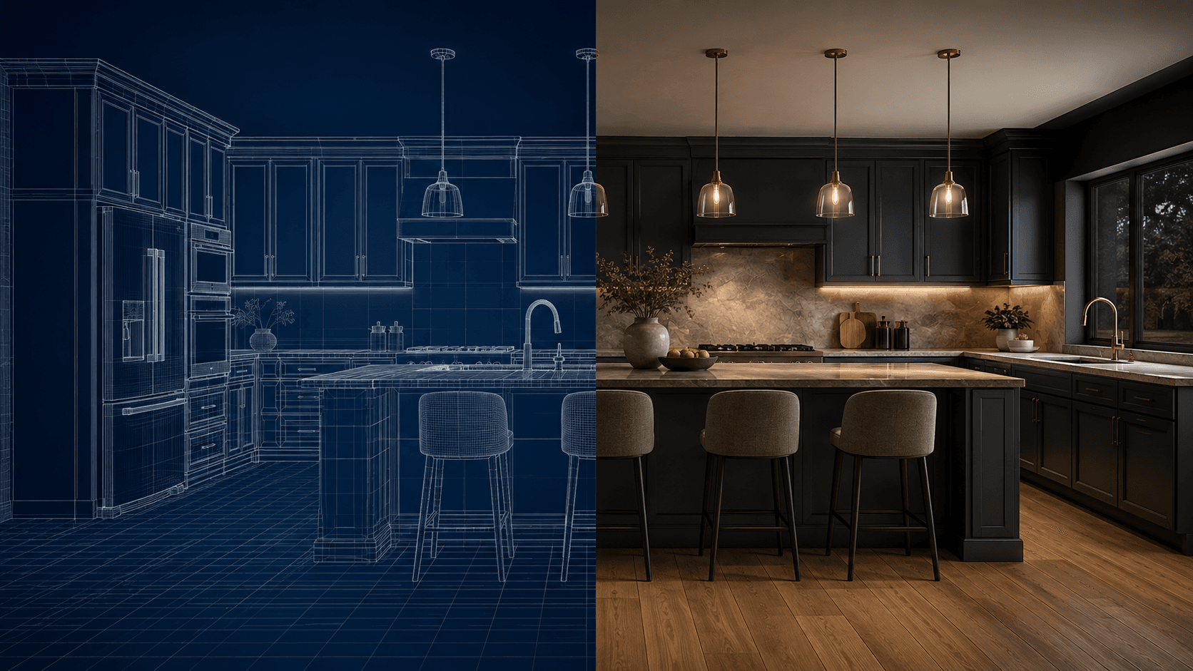 Matching kitchen model and finished render.