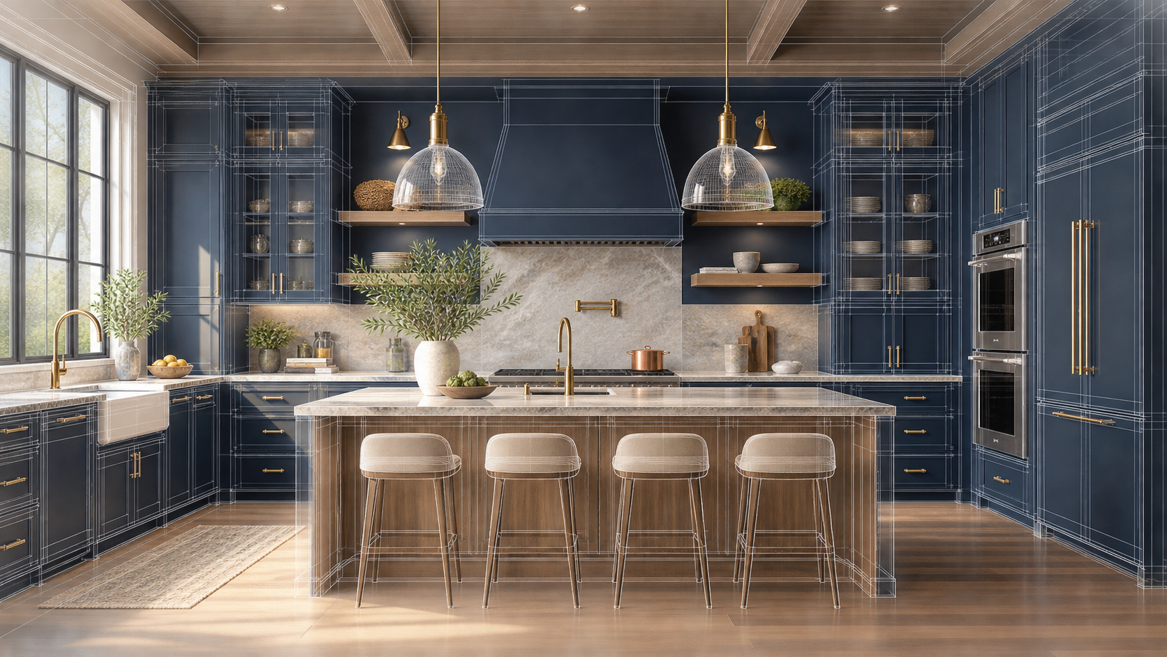 Exact kitchen wireframe aligned with its finished render.