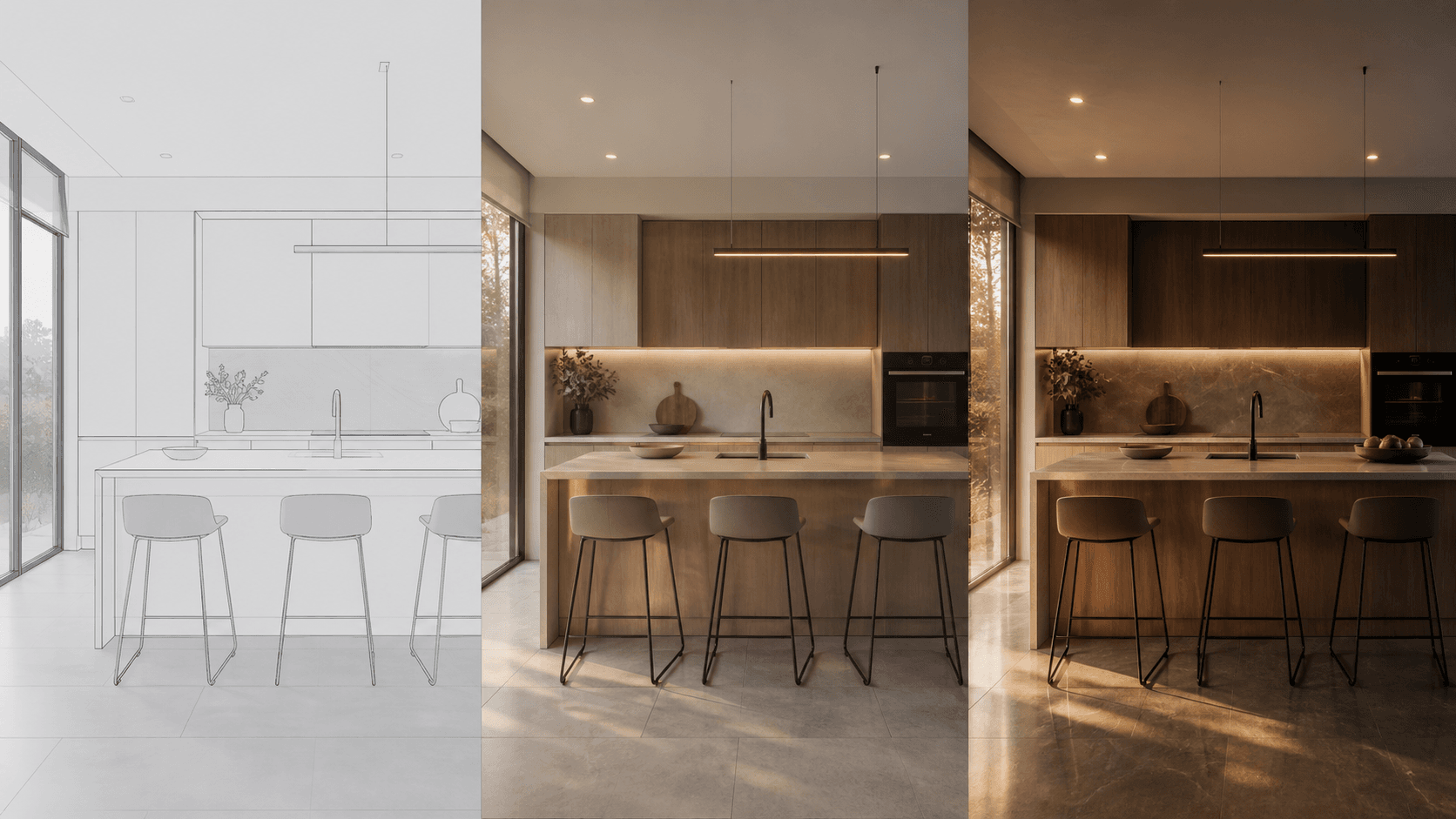 Kitchen visualized with progressively more realistic rendering.