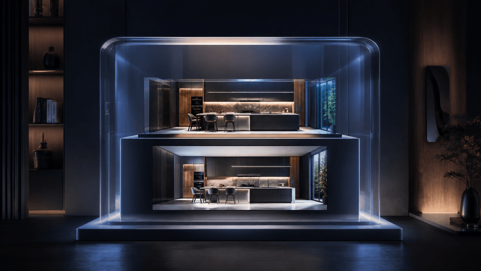 Kitchen design safely contained in a translucent vault.