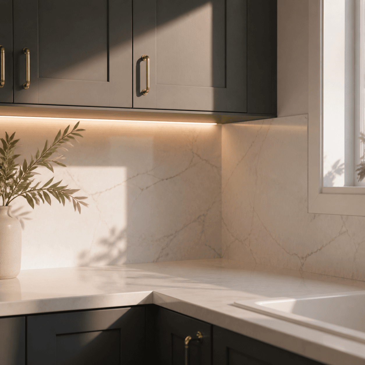 Afternoon sun and under-cabinet light falling across a marble backsplash