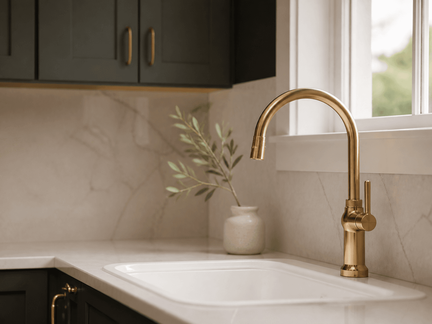 A brushed brass tap catching light from a window